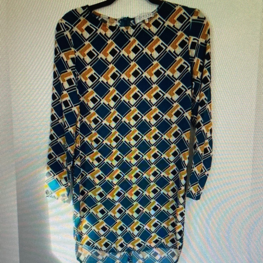 WAYF Long Sleeve Midi Tunic Dress Unlined‎ Gold Turquoise Geometric Pattern